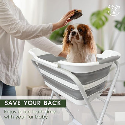CYGNE 2-in-1 Dog Bathtub & Washing Station, Elevated Collapsible Bathtub with Drainhole & Storage Rack, Foldable Portable Indoor/Outdoor Pet Bathing & Grooming for Small Dogs Cats