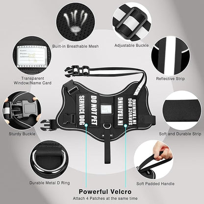 Service Dog Vest Harness and Leash Set+10 Patches,No Pull&Easy Walk Reflective Dog Harness with Soft Padded Handle for Training/Everyday,Fit Small/Medium/Large/Extra-Large Dogs(Black M)