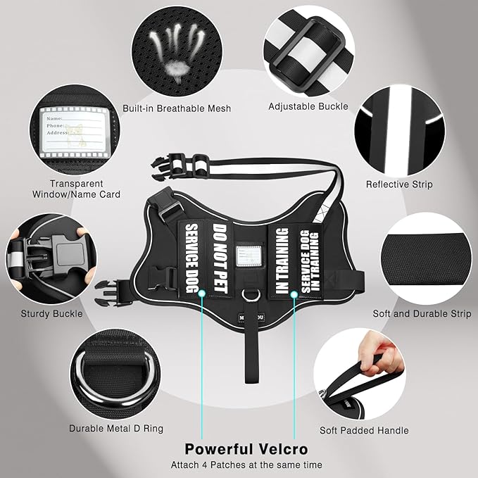 Service Dog Vest Harness and Leash Set+10 Patches,No Pull&Easy Walk Reflective Dog Harness with Soft Padded Handle for Training/Everyday,Fit Small/Medium/Large/Extra-Large Dogs (Black S)