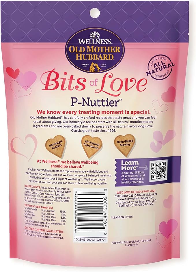 Old Mother Hubbard Wellness Bits of Love P-Nuttier Dog Biscuits, Natural, Seasonal, Valentine's Day Treats, Peanut Butter Flavor, (6 Ounce Bag) (Pack of 2)