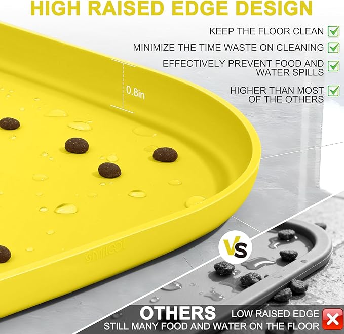 Smilool Silicone Pet Food Mat with Raised Edge for Food and Water Bowl, Dog Feeding Mats, Cat Food Trays for Floor Waterproof, Rubber Tray for Dogs and Cats, 24 x 16 x 0.8 Light Yellow
