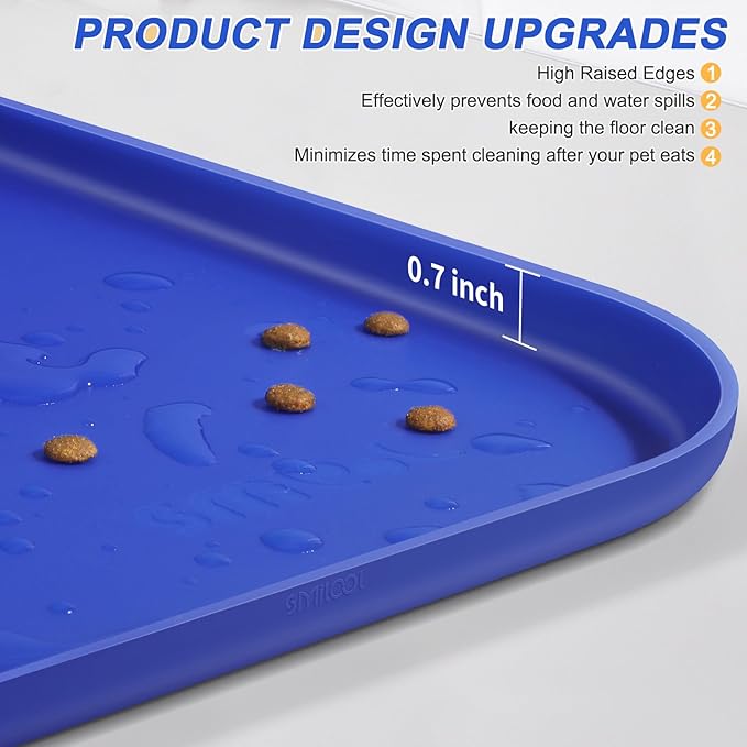 SMILOOL Silicone Pet Feeding Mat with Raised Edge for Food and Water, Dog Bowl Mats, Cat Bowls Placemat with High Lip for Floor Waterproof, Rubber Tray for Cats and Dogs 19 x 12 x0.7 Navy Blue