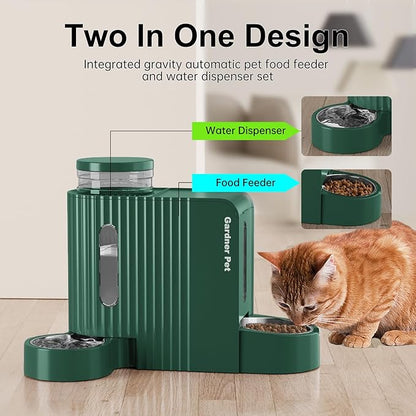 Gardner Pet Automatic Gravity Cat Food Feeder and Water Dispenser Stainless Steel Two-in-One Set Large Capacity Dispenser for Pets Dogs, Puppies, Kittens-(0.8 Gallons x 2)