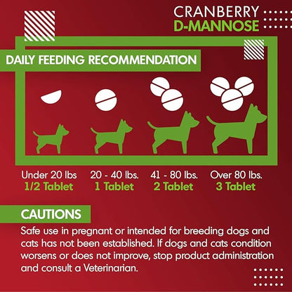Cranberry D-Mannose for Dogs and Cats Urinary Tract Infection Support Prevents and Eliminates UTI, Bladder Infection Kidney Support, Antioxidant (Single Strength Tablet, 60 Count)