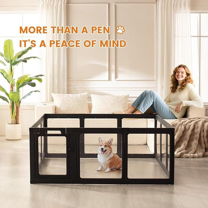 Clear Acrylic Dog Playpen Indoor, Puppy Cat Small Pet Play Pen, Pet Cat Playpen for Rabbits, Dog Fence Crate Kennel Whelping Cage (Black, 8 Panel)