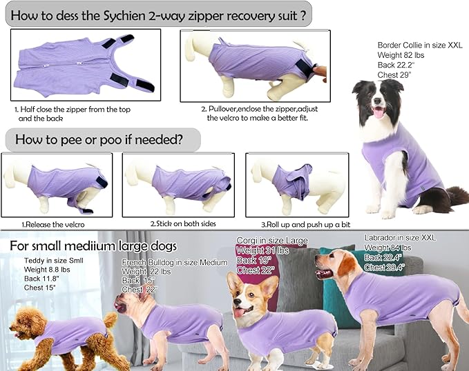 Dog Recovery Suit Female Spay Surgery Small Puppy Onesie, Zipper Closure Cotton Striped Wounds Protect Surgical Suit, Plain Purple XS