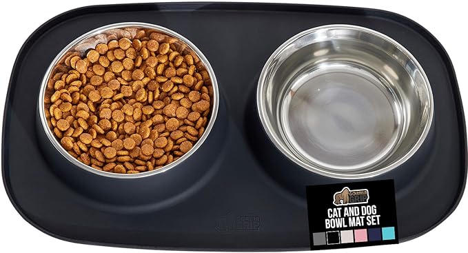 GORILLA GRIP Feeding Mat Set, Patent Pending 100% Waterproof BPA Free Silicone, Stainless Steel Cat and Dog Bowls, Slip Resistant, 1 Black mat/tray with 2 stainless steel bowls