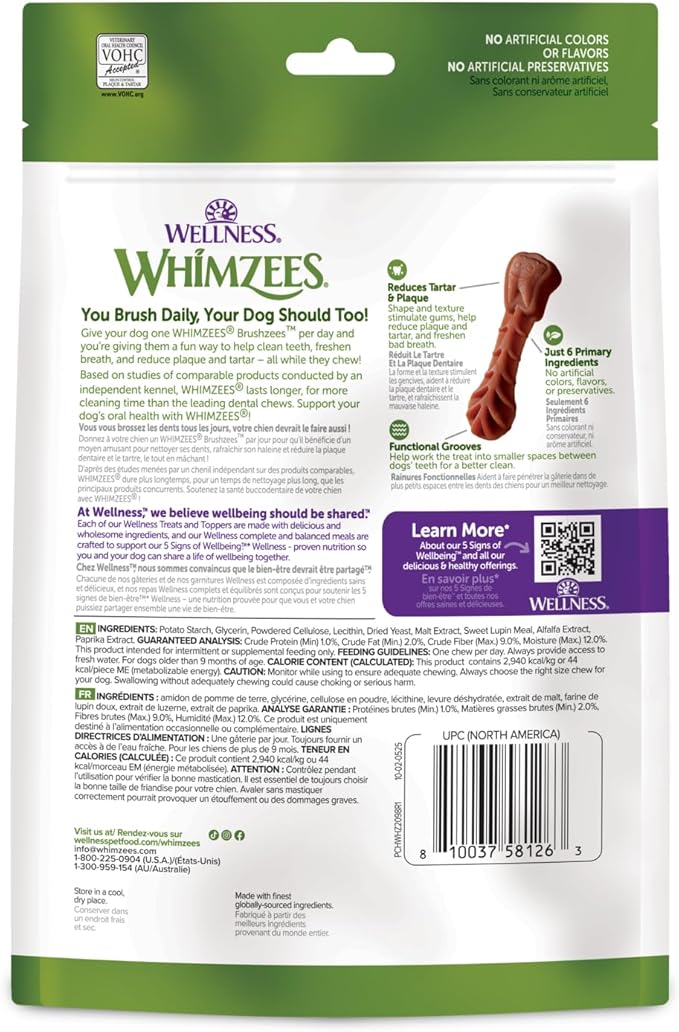 Whimzees Wellness Brushzees Dog Dental Treat, VOHC Accepted Chews, Freshens Breath, Small Size, 4.2 oz Bag, 8 Count (Pack of 2)