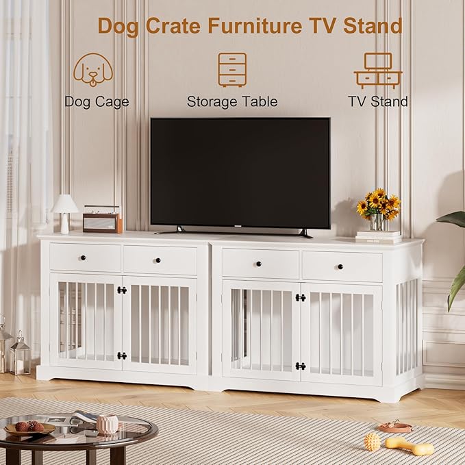 PUKAMI 44inch Large Dog Crate Furniture with Drawers, Wooden Dog Kennel Furniture for Indoor use, White End Table Dog House, for Small/Medium/Large Dog