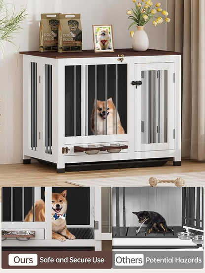 Dog Crate Furniture - 31.5" Wooden Indoor Dog Kennel with 360° Rotating Feeder & Removable Tray | Sturdy End Table for Medium & Small Dogs | Easy Assembly, White Dog Cage for Living Room