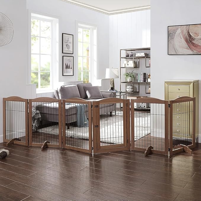 unipaws Pet Playpen with Wood and Wire, 6 Panels Extra Wide Freestanding Walk Through Dog Gate with 4 Support Feet, Foldable Stairs Barrier Pet Exercise Pen for Dogs Cats