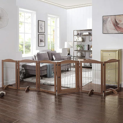 unipaws Pet Playpen with Wood and Wire, 6 Panels Extra Wide Freestanding Walk Through Dog Gate with 4 Support Feet, Foldable Stairs Barrier Pet Exercise Pen for Dogs Cats