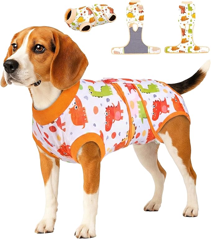 PetWarm Dog Surgery Suit, Onesies for Dogs, Professional Dog Abdominal Wounds Bandages Substitute E-Collar and Cone, Anti-Licking Surgical Recovery Suit for Dogs, Dinosaur Pattern, Yellow, L
