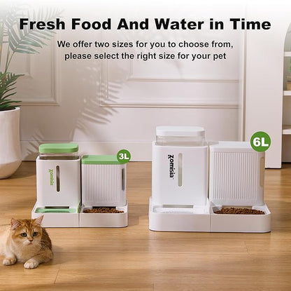ZOMISIA Gravity Cat Feeder and Water Dispenser, 2 in 1 Cat Self Feeder with 180 Degree Rotatable, 2 Pack Automatic Feeding Large Capacity for Small Medium Dog Puppy Kitten, White, 0.8 Gallon x 2
