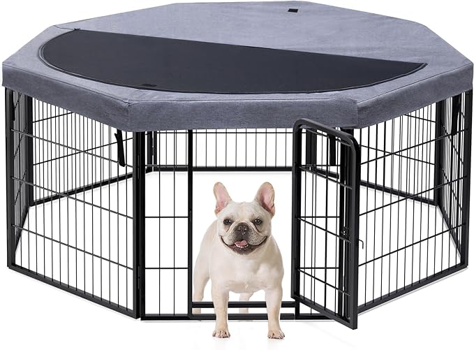 PETIME Dog Playpen,Metal Exercise Puppy Pen Heavy Duty Kennels Yard Fence Indoor/Outdoor 22" W x 24" H 8 Panels Dog Cage with Octagon Top Cover