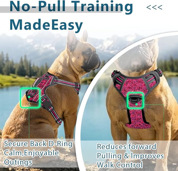 BARKBAY Dog Harness No Pull with ID Tag Pocket - Heavy Duty, Reflective, Easy Control for Large Dogs(Pink/Black,XL)