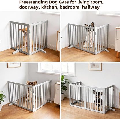 ZJSF Freestanding Indoor Dog Gate for House Foldable Wood Puppy Gate for Doorways Pet Gate for Stairs Extra Wide Pet Fence, Grey, 24" Height 2 Panels