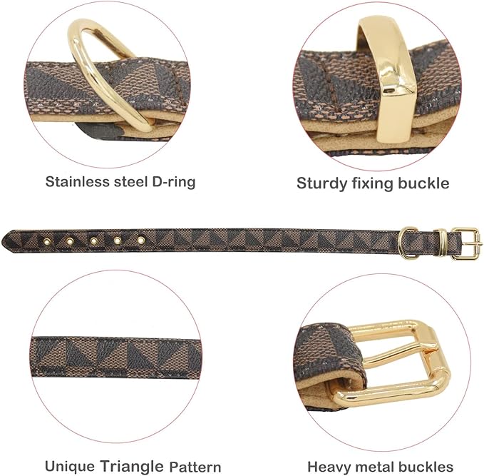 Leather Dog Collar and Leash Set, Check Pattern Dog Collar Leashes Metal Buckle Adjustable Durable for Small Medium Large Dogs (Brown, M(11.8-15IN))