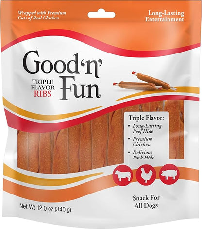 Good 'n' Fun Triple Flavor Ribs Chews for All Dogs, Treat Your Dog to Long-Lasting Chews Made with Beef Hide, Chicken and Pork Hide, 12 Ounces (Pack of 3)