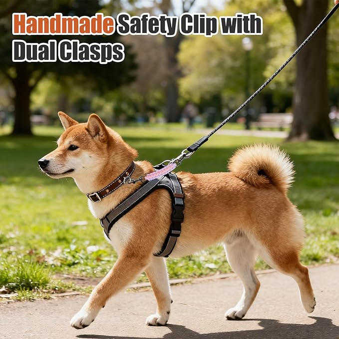 Dog Collar Safety Clip with Dual Clasps,Handmade Backup Safety Strap for Dog Harness, Collars and No Pull Harness Connectors (Pink & Light Purple)