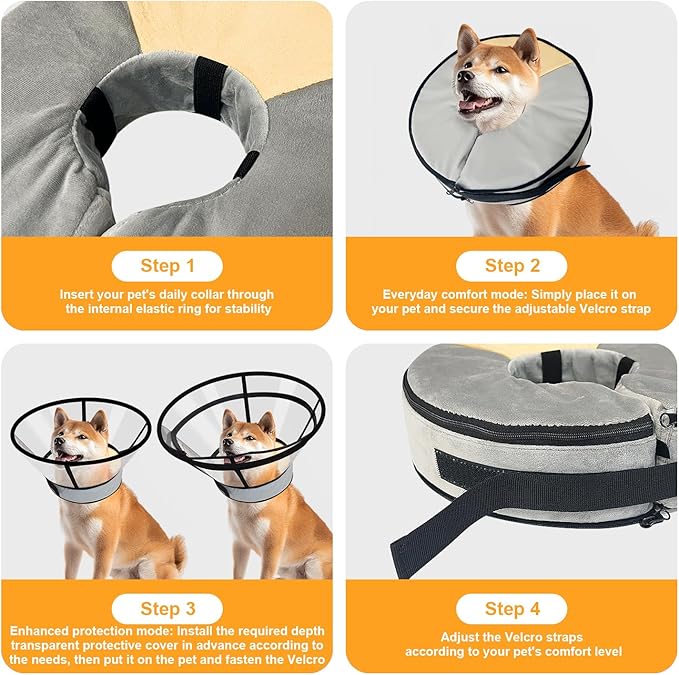 Sponge Core Dog Cat Cone Collar for After Surgery Recovery, Inflatable Dog Cone Alternative, Lainergie Dogs Donut Collar Adjustable with 2PCS Cover for Large Medium Small Dogs Cats (Grey+Yellow, L)