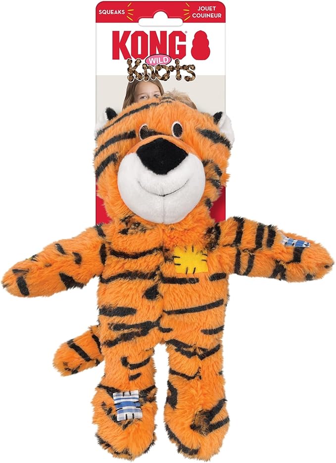 KONG Wild Knots Tiger Dog Toy (Medium/Large) Durable Internal Knotted Rope, Minimal Stuffing for Less Mess – Soft Plush Chew Toy for Dogs