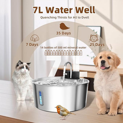 Dog Water Fountain for Large Dogs, 7L/1.8Gal 4200mAh Cordless Water Dispenser for Dogs, Stainless Steel Automatic Pet Water Fountain Indoor/Outdoor with Ultra-Quiet Pump Multi-Filter, Easy Clean