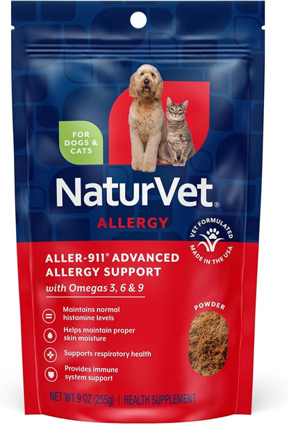 NaturVet Aller-911 Advanced Allergy Aid Formula Powder Plus Antioxidants for Dogs and Cats, 9 oz Powder, Made in The USA