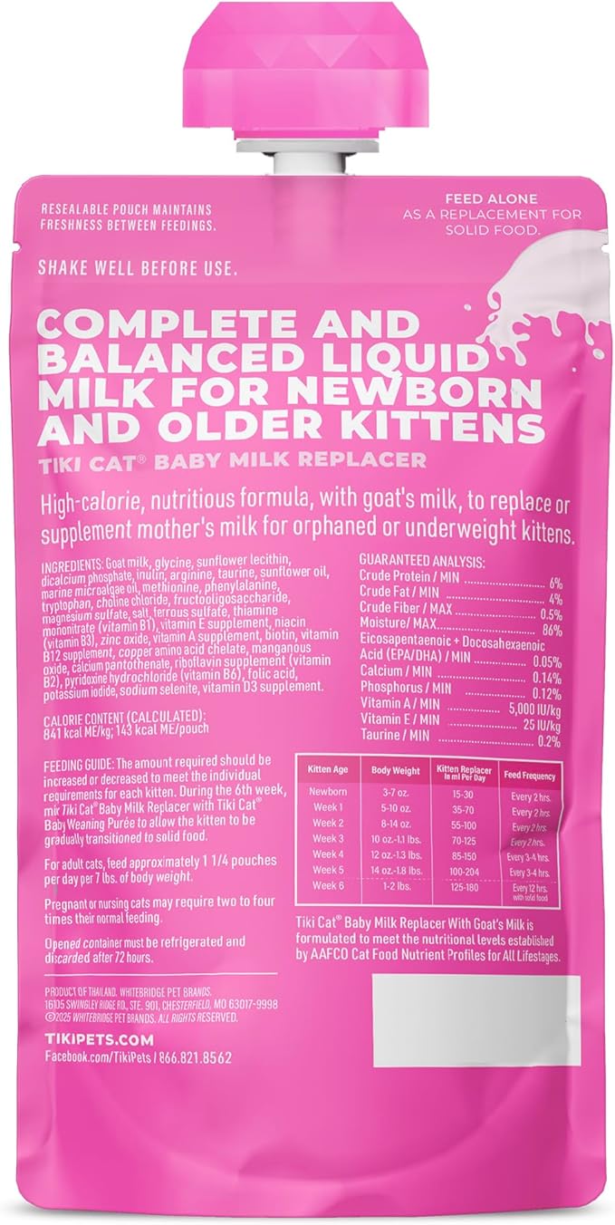 Tiki Cat Baby Milk Replacer, Goat Milk, 6 oz. Spout Pouch (6 Count)