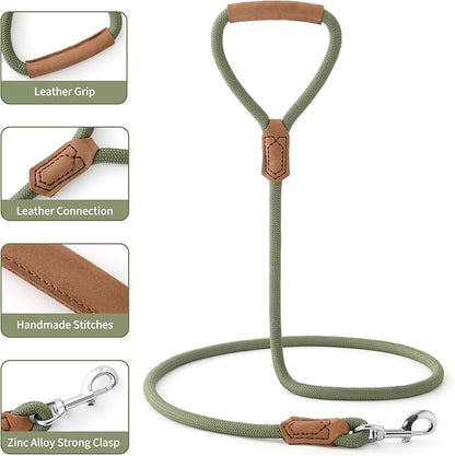 Mile High Life Leather Dog Leash, Heavy Duty Strong Genuine Leather Handle Rope Leash Soft and Comfortable for Small Medium Large Dogs (Olive Green, 48 Inch)