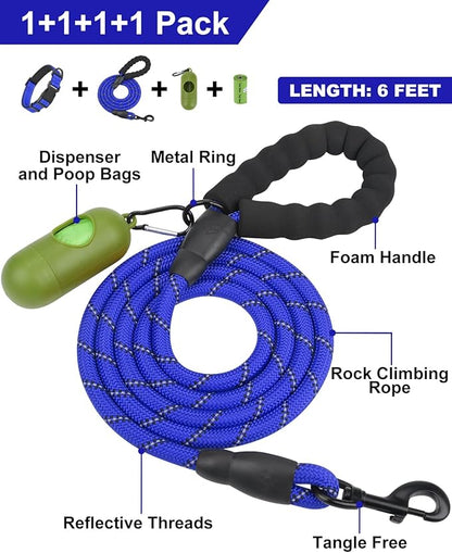 Dynmeow Reflective Dog Collar and Leash Set, 6FT Strong Climbing Rope Leash with Padded Handle, Adjustable Pet Collar with Soft Neoprene Padding for Puppy Small Dogs, Navy-Blue, Xs