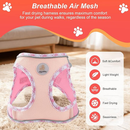 Hipubby Dog Harness Small Sized and Leash Set, No Pull Soft Mesh Puppy Vest, Reflective Breathable Lightweight Pet Harness, Harness for Small Medium Dogs and Cats - Light Pink S