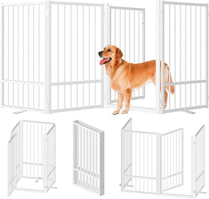 SNUOWU Full Metal Freestanding Dog Gate with Door, 36''Height Foldable Pet Dog Fence for Indoor & Outdoor, 4 Panels Extra Wide Free Standing TallDog Gates for Doorways,House,Stairs,Porch,Deck,Yard