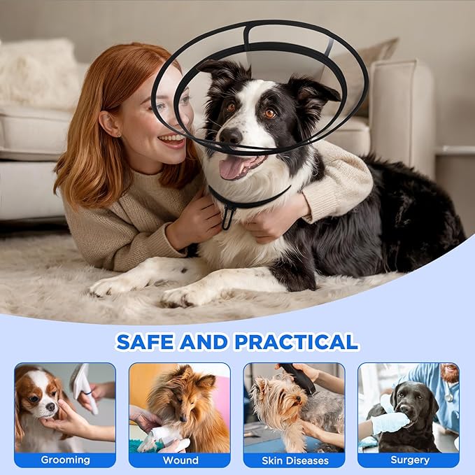 BONTHEE Clear Dog Cone Collar–Extra-Long Recovery E-Collar for Dogs, Transparent Adjustable Dog Cones Alternative for Small Large Medium Size Dogs,Protective Neck Brace with Soft Edges-L
