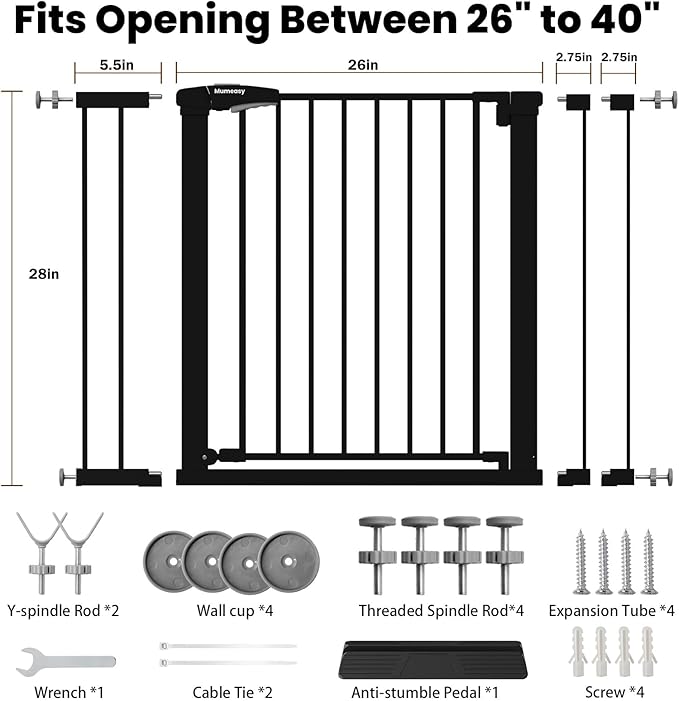 Baby Gate for Stairs, 26-40" Auto Close Dog Gate for Doorways, Pressure Mounted Child Gate with Walk Thru Door, Easy Install Safety Gate for Children and Pets, Black