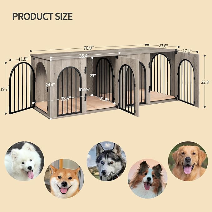 Hzuaneri 71" Dog Crate Furniture for 2 Dogs, Heavy Duty Indoor Dog Kennel TV Stand, XL Wooden Dog Cage with Divider for Medium Large Dogs, End Table Dog Crate with Cushion, Greige Black DFC81905B