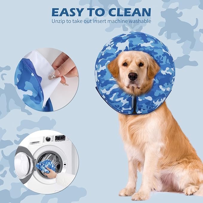IEUUMLER Inflatable Recovery Dog Cone Collar, Neck Donut Protective ECollar, Adjustable Soft Collar for Dog and Cat After Surgery Prevent from Biting & Licking EU020 Blue Camo XL