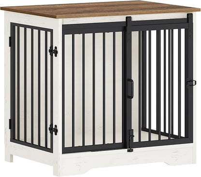 Hzuaneri 27.2" Dog Crate Furniture with Barn Door, Heavy Duty Dog Kennel Indoor with 2 Doors, Wooden Pet Cage End Table for Small Medium Dogs up to 22 lb, Anti-Chew Anti-Escape, White Brown DFC84314B