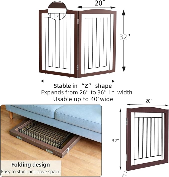 ZJSF Freestanding Foldable Dog Gate for House Extra Wide Wooden Indoor Puppy Gate Stairs Doorways Pet Gate Tall Dog Fence 2 Panels Fence Brown