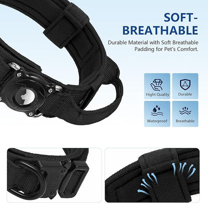 AirTag Dog Collar for Large Dogs - Tactical Collar with Waterproof AirTag Case, Military Handle & Reflective Strap. Secure Apple Air Tag GPS Tracking for Medium, Large Breeds (Black,M)
