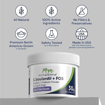 Animal Biome S. Boulardii + FOS Powder Probiotics for Dogs & Cats 60g – Pet Supplements Saccharomyces Boulardii Dog Probiotic with Prebiotic FOS for Gut Health, Digestive Support & Firmer Stool