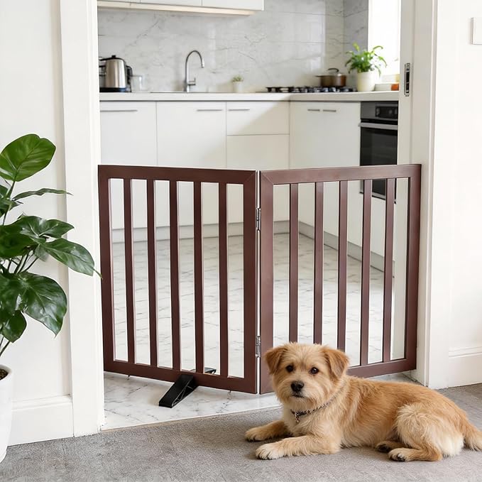 Dog Gate Indoor, Freestanding Dog Fence for The House, Doorways, Hallways,or Stairs,Pet Gate Foldable Wooden,Expandable 24" Height 2 Panels,Brown