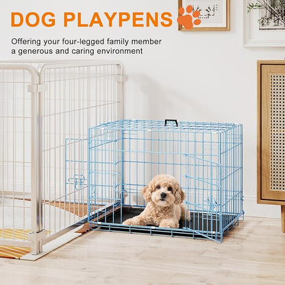 FDW 24inch Dog Crate Pet Cage with Metal Folding Design Plastic Tray Indoor Outdoor Dog Kennel Cage for Small Dogs,Blue
