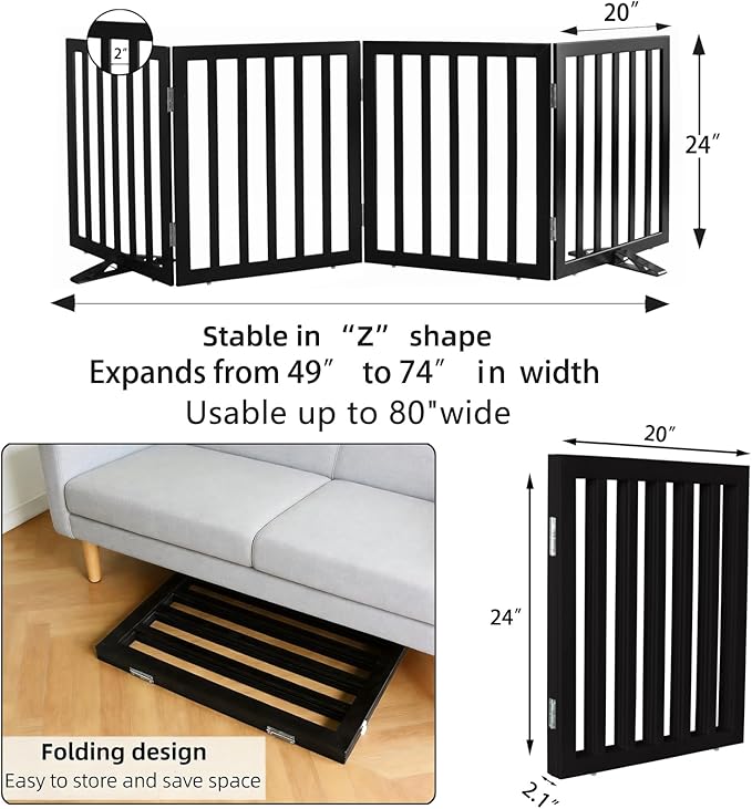 ZJSF Freestanding Indoor Dog Gate for House Foldable Wood Puppy Gate for Doorways Pet Gate for Stairs Extra Wide Pet Fence, Black, 24" Height 4 Panels