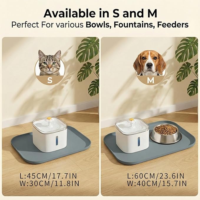 BLESWIN Waterproof Silicone Pet Feeding Mat Grey with Raised Edge,24" x 16"Non-Skid Spill Proof Dog Bowl Mats, Easy Clean Cat Bowls Placemat for Cats and Dogs