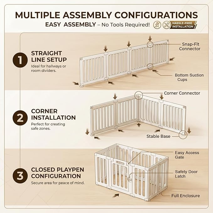 Dog Playpen with Door, Portable Large Puppy Playpen for Indoor & Outdoor Use, Tool-Free Assembly Modern Pet Play Pen for Dogs, Cats & Rabbit Cage