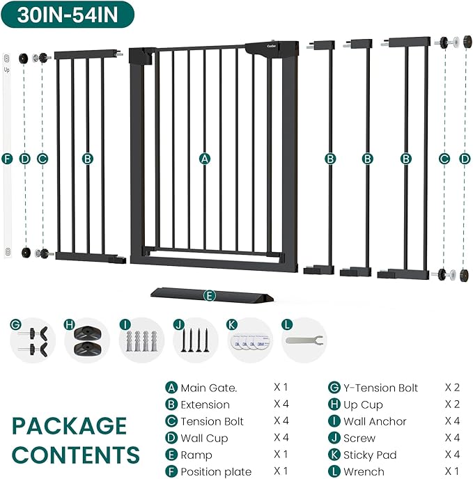 Cumbor 2 Pack 30-54" Baby Gate for Stairs, Dual Lock & Self-Closing Dog Gate for Doorways, Easy Install Pressure Mounted Pet Gates Indoor, Easy Walk Thru Wide Safety Proofing for Babies & Pets, Black