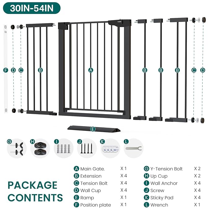 Cumbor 2-Pack Baby & Dog Gates Bundle, 29.7-48" & 30-54" Extra Wide Safety Gates for Stairs Doorways Hallways, Dual Lock Auto Close Easy Install Pet Gate, Black