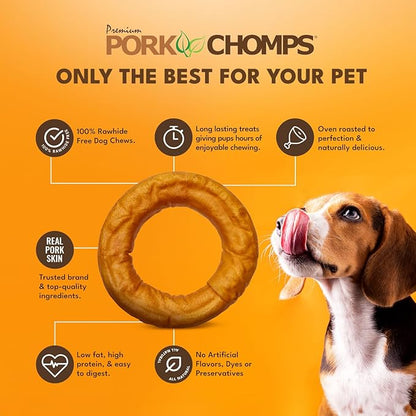 Pork Chomps Roasted Pork Skin Dog Chew, 6 Inch Bagel, 1 Count - Long-Lasting Treats for Dogs - High Protein, Rawhide-Free, Low Fat, Healthy & Delicious Chews