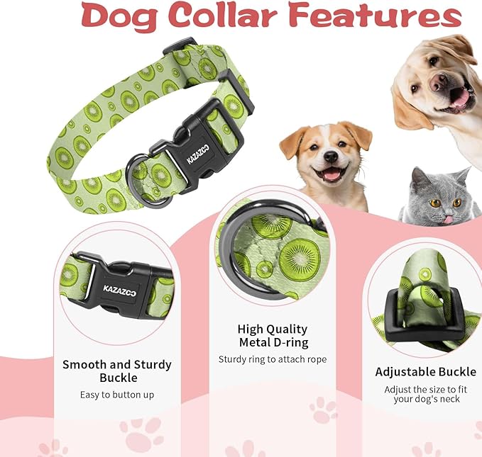 Kazazoo Dog Collar Cute and Soft Nylon Puppy Collar for Boy and Girl, Adjustable Dog Collars for Small Medium Dogs, Kiwi Fruit-M